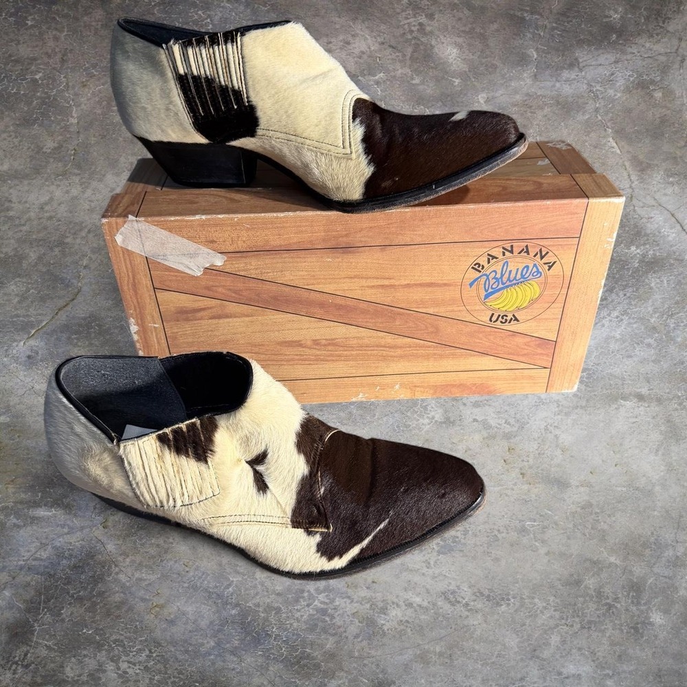 Banana Blues USA Cowhide Hair-On Leather Western Ankle Boots Size 8 Brown Cream